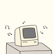 Cartoon of computer playing music, from poorlydrawnlines.com