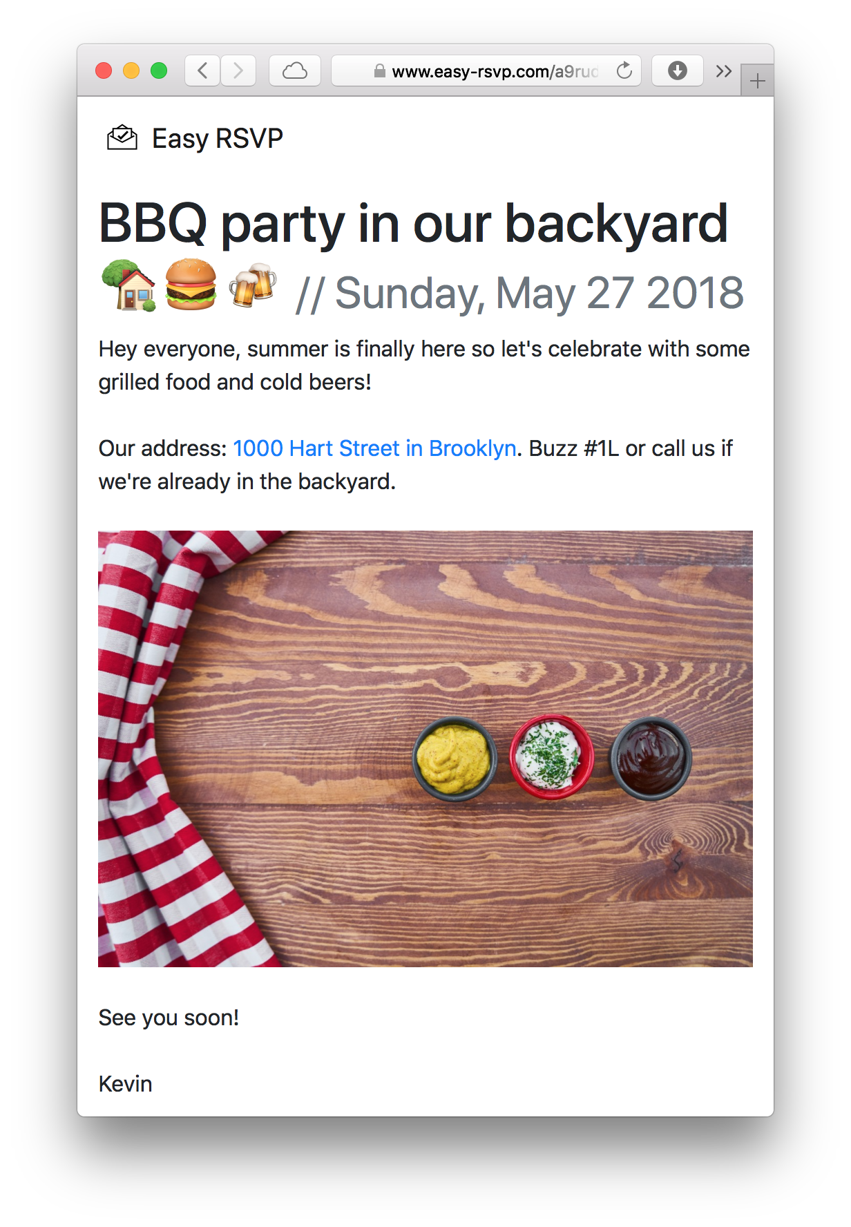 An event page on Easy RSVP: 'BBQ party in our backyard 🏡🍔🍻'.