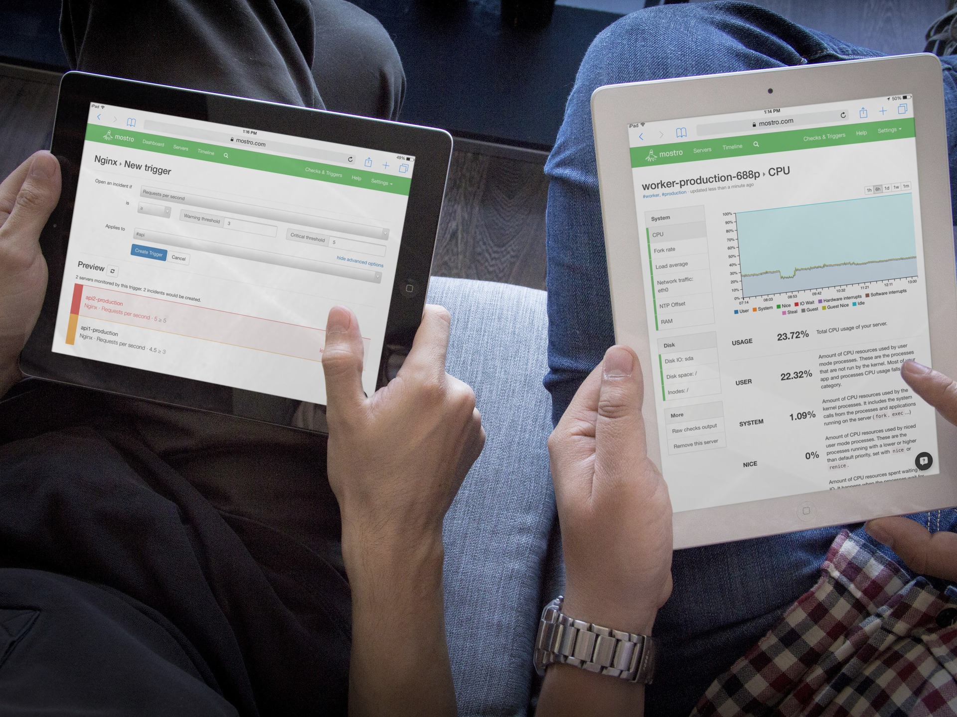 Top-down view of two pairs of hands, each holding and interacting with an iPad. The left iPad displays the configuration for a new alert trigger for the Nginx web server. The right iPad displays a server's CPU usage chart.