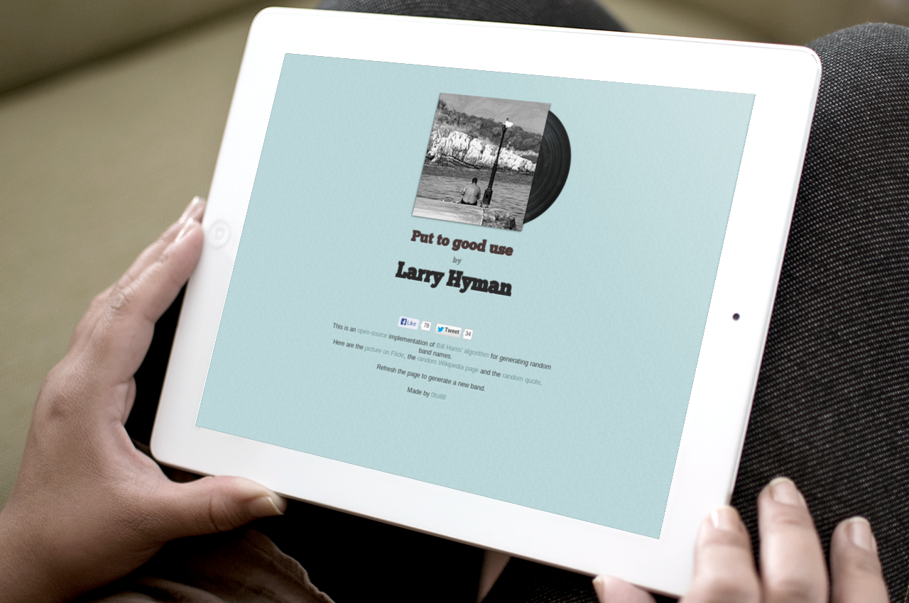 Hands holding an iPad that displays a made-up album: Put to good use by Larry Hyman.