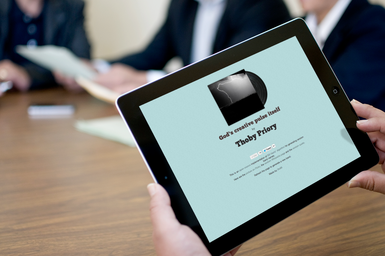 Hands holding an iPad that displays a made-up album: God's creative pulse itself by Thoby Priory. In the background is a serious business meeting with three people in suits.